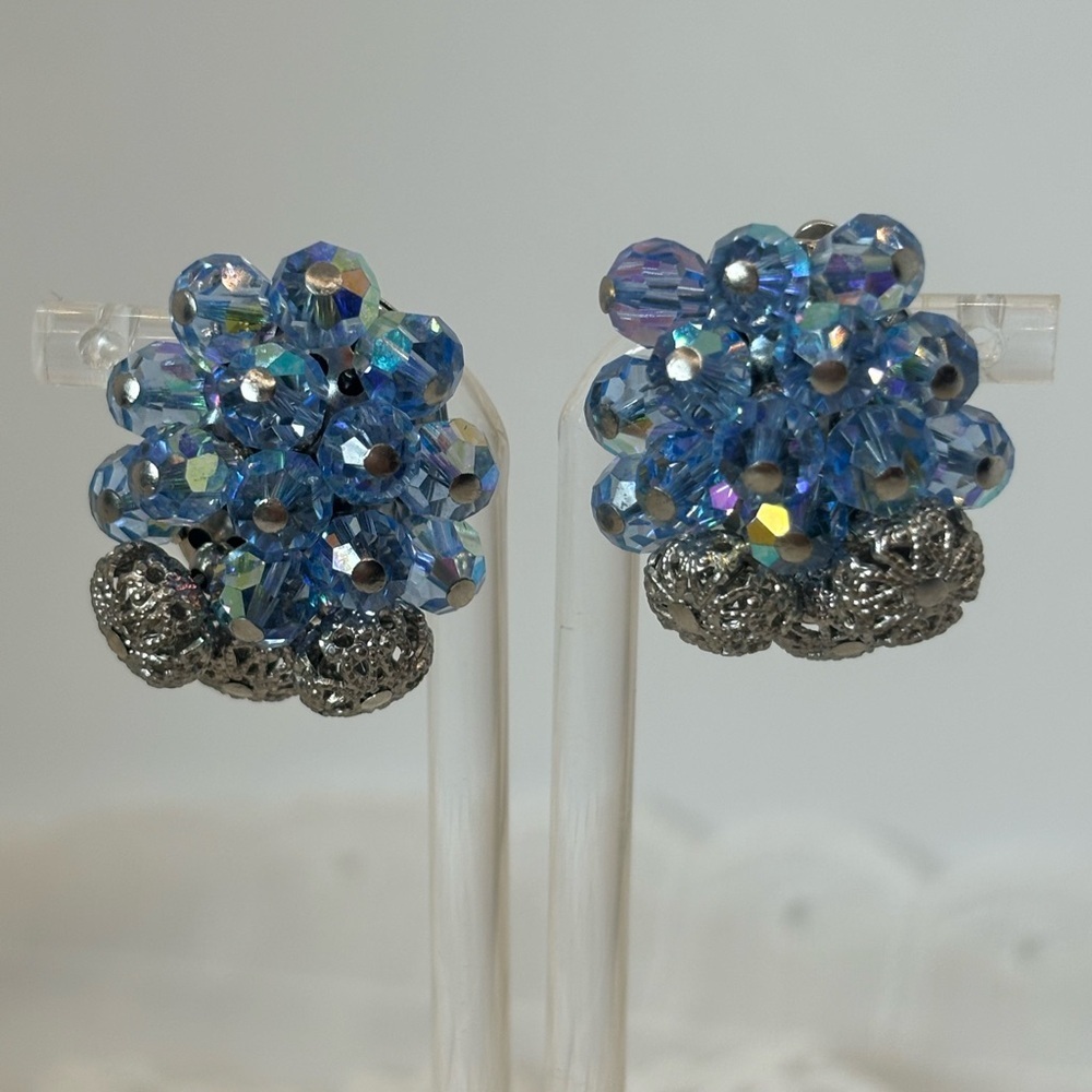 Vintage Elegant Blue and Silver Cluster Earrings clip